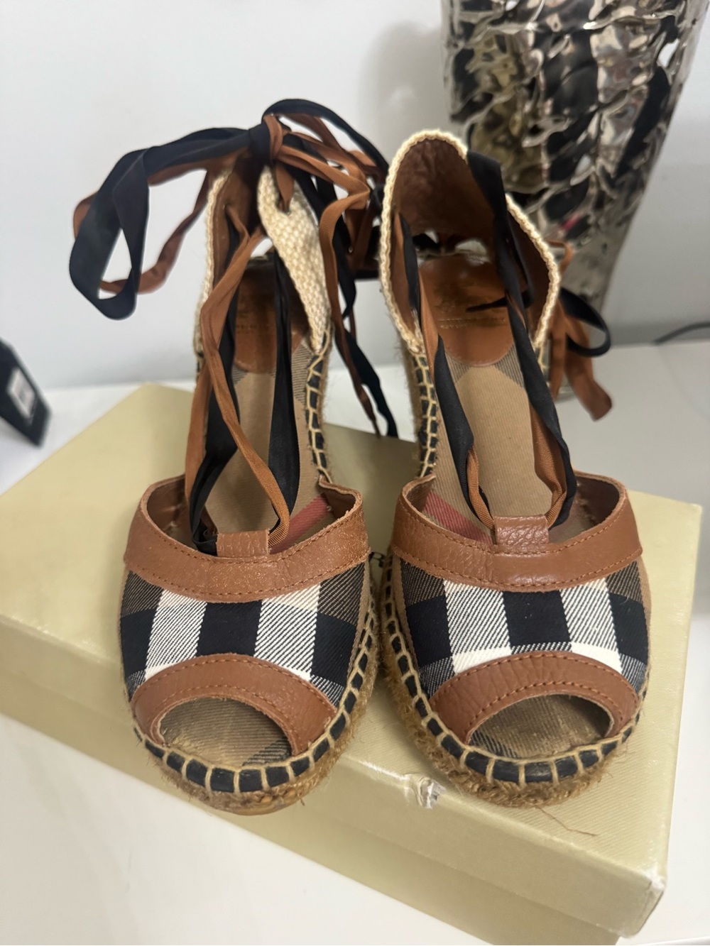 Burberry Tan & Black Check Espadrille Wedge Sandals with Ankle Ties